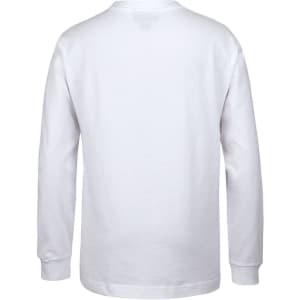 A white long-sleeve t-shirt with a simple design and a visible logo on the back.