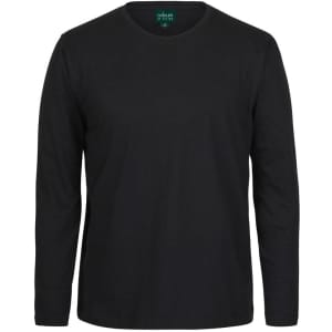 A black long-sleeve t-shirt featuring a round neckline and a brand logo on the tag.