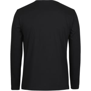 A black long-sleeve T-shirt featuring a smooth fabric texture and a simple design, with a logo on the back.