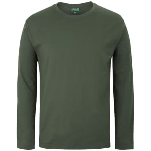 A long-sleeve T-shirt in a solid olive green colour, featuring a brand logo at the neckline.