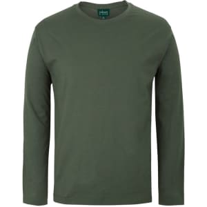 A long-sleeve T-shirt in olive green with a simple design and a tag visible at the neckline.