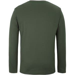 A green long-sleeve T-shirt with a plain back design and a simple logo.