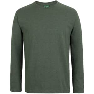 A long-sleeved t-shirt in a dark green colour, featuring a crew neck and a logo on the collar.