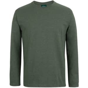 A long-sleeve t-shirt in a muted green colour, featuring a tag branding at the neck.