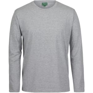 A long-sleeve grey T-shirt with a round neckline and a tag label in the neckline. Features a logo.