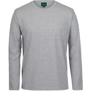 A long-sleeve grey t-shirt featuring a round neck and a tag on the inside collar.
