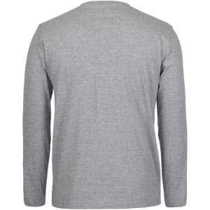 A grey long-sleeve t-shirt with a round neck and a plain back. Features a logo on the front.