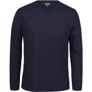 A long-sleeve navy blue T-shirt with a round neckline and a branding label on the inside.