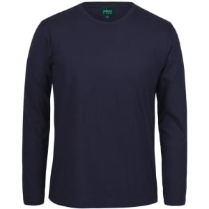 A navy long-sleeve t-shirt with a round neckline. The shirt features a logo at the neck.