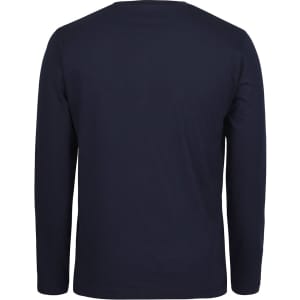 A navy long-sleeve t-shirt with a plain back view, featuring a simple design and a brand logo.