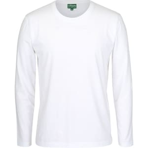 A white long-sleeve t-shirt displayed flat, featuring a simple design and a logo on the collar.