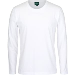 A white long-sleeved T-shirt with a crew neckline and a tag visible inside the collar.