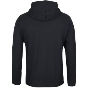 A black long-sleeve hooded tee with a back view, featuring a hood and a simple design.