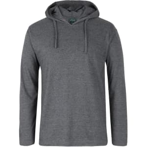 A grey long-sleeved hooded tee with a front pocket and a branding logo on the tag.