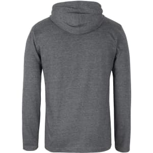 A grey long-sleeve hooded tee with a back view, featuring a simple design and a logo.