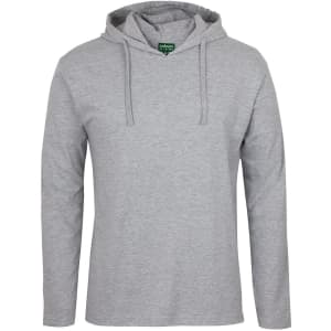 A grey long-sleeve hooded tee featuring a logo, designed as a casual jumper.