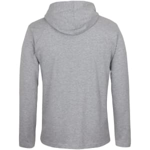A grey long-sleeve hooded tee featuring a simple design and a hood at the back.