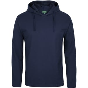 A navy long-sleeved hooded tee with a front pocket and a hood, featuring a logo on the tag.