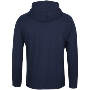 A navy blue long-sleeve hooded tee featuring a hood and long sleeves, with branding on the back.