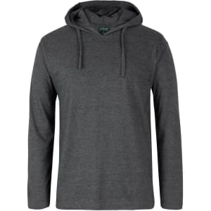 A long-sleeve, hooded tee in dark grey with a branding logo. Ideal for casual wear and layering.