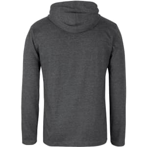 A grey long-sleeved hooded tee, featuring a hood and a plain back design. It includes a logo.