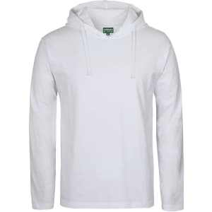 A white long-sleeve hooded tee featuring a front pocket and a hood. It has a logo on the label.