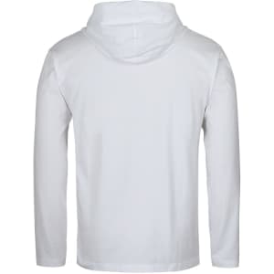A white long-sleeved hooded tee featuring a simple design and a hood. The back is plain with no visible logos.