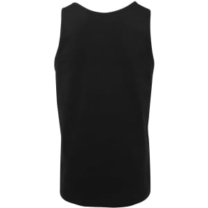 A black singlet featuring a plain design and a back view. It includes a logo tag at the neckline.