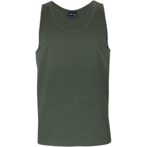 An olive green singlet featuring a simple design and a label. It has a round neckline and no sleeves.