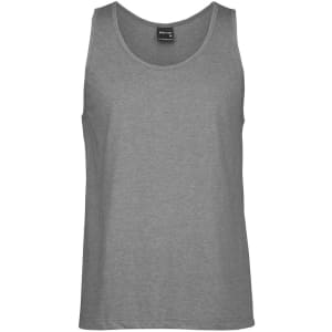 A grey singlet with a round neckline and a logo, made from a lightweight fabric.