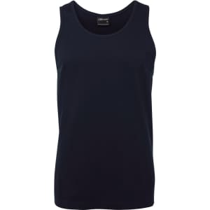 A navy blue singlet featuring a simple design and a label with branding.