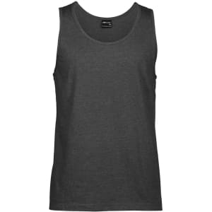 A dark grey singlet featuring a round neckline and no sleeves, with a branding label at the neck.