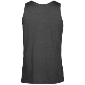 A grey singlet with a plain back and a branding logo at the neckline.