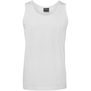 A plain white singlet featuring a round neckline, with a subtle branding label on the inside.