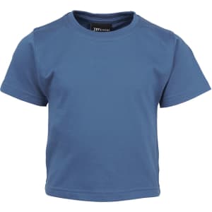 A blue infant t-shirt with short sleeves, featuring a logo inside the collar.