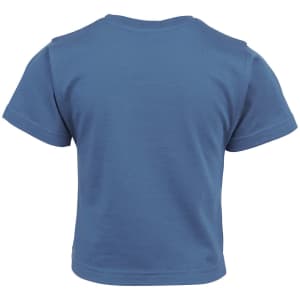 A blue infant tee with short sleeves and a plain design. The back features a logo.