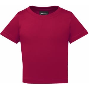 A red infant t-shirt with short sleeves, featuring a logo on the inside tag.