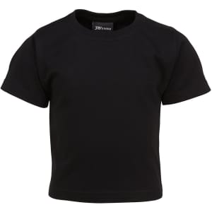 A black infant tee featuring short sleeves and a round neckline, with a logo inside the collar.