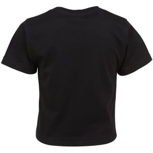 A black infant t-shirt with short sleeves, featuring a plain design and a small logo on the back.