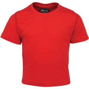 A red infant tee made of soft fabric featuring a round neckline and short sleeves, with a small logo tag.