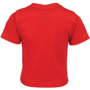 A red infant tee featuring short sleeves and a simple design, with a plain back and a logo.