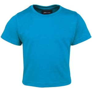 A bright turquoise infant tee with short sleeves, featuring a logo on the inside neckline.
