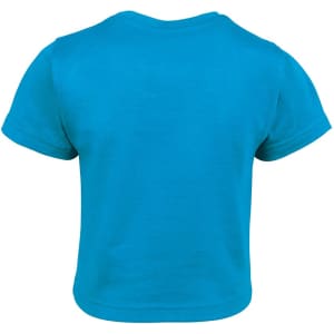 A bright blue infant tee with short sleeves, featuring a plain back and a simple design.