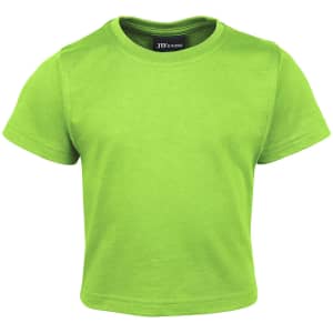 A lime green infant t-shirt with short sleeves and a round neckline, featuring a brand logo on the inside.