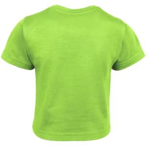 A bright green infant t-shirt with short sleeves displayed from the back, featuring a logo.