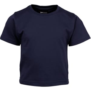 A navy blue infant tee shirt with short sleeves, featuring a branding logo at the neck.