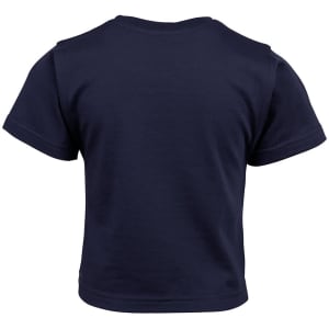 A navy blue infant tee featuring short sleeves and a round neckline. It has a logo on the back.