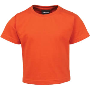 An orange infant t-shirt with short sleeves and a round neckline, featuring a logo on the inside label.