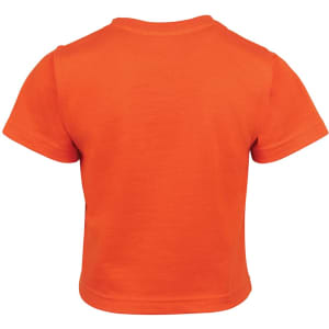 An orange infant tee with short sleeves, featuring a simple design and a logo on the back.