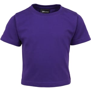A purple infant t-shirt with short sleeves and a round neckline, featuring a logo on the inside tag.